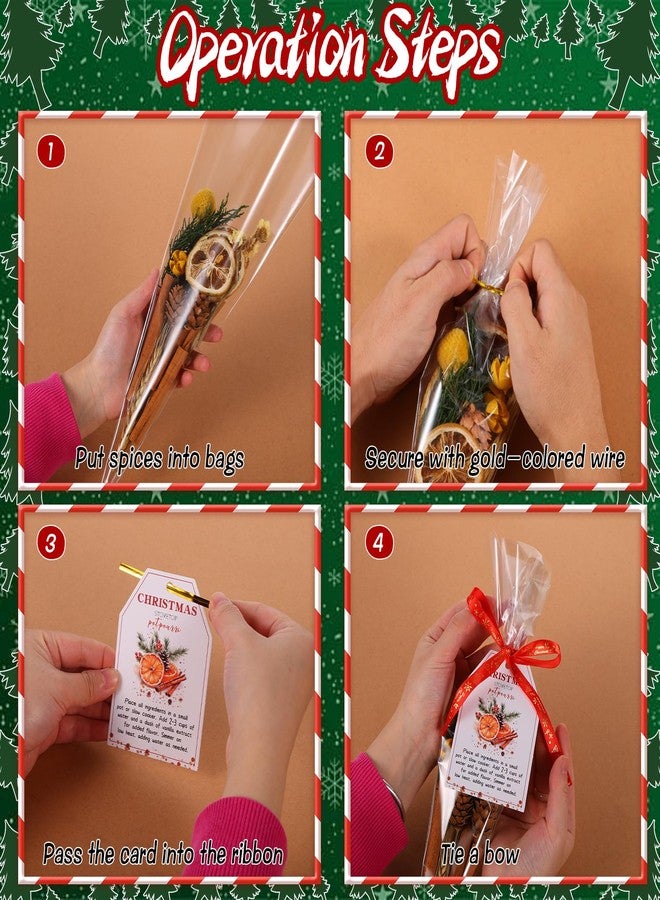 DANHMAO 50 Set Christmas Potpourri Cellophane Bags with Stovetop Simmer Instruction Tags and Ribbons Holiday DIY Potpourri Gift Bags Crafting Kit for Xmas Favors & Party Supplies(6 x 12'', Triangle) - Image 3